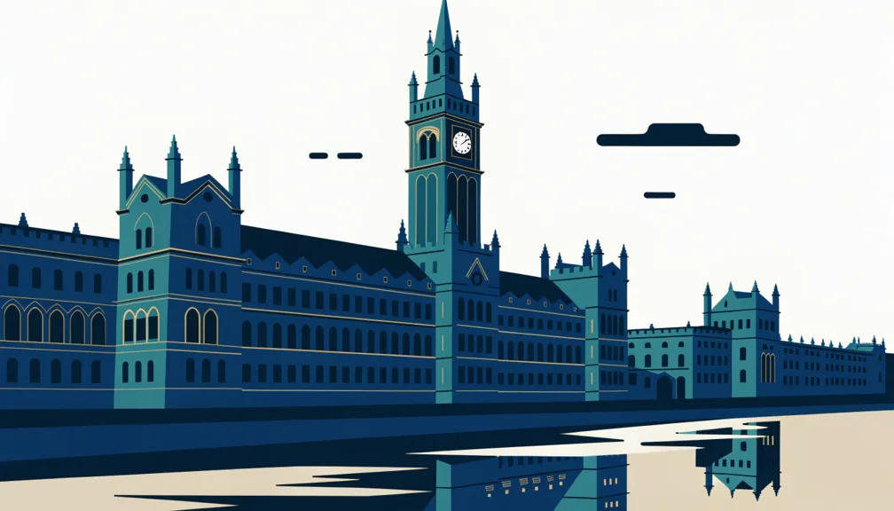 Illustration of a Gothic parliament building by a river