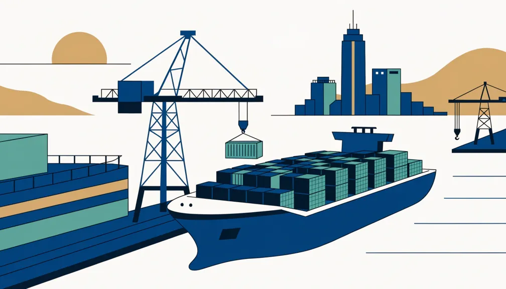 Illustration of a container ship being loaded at a British port